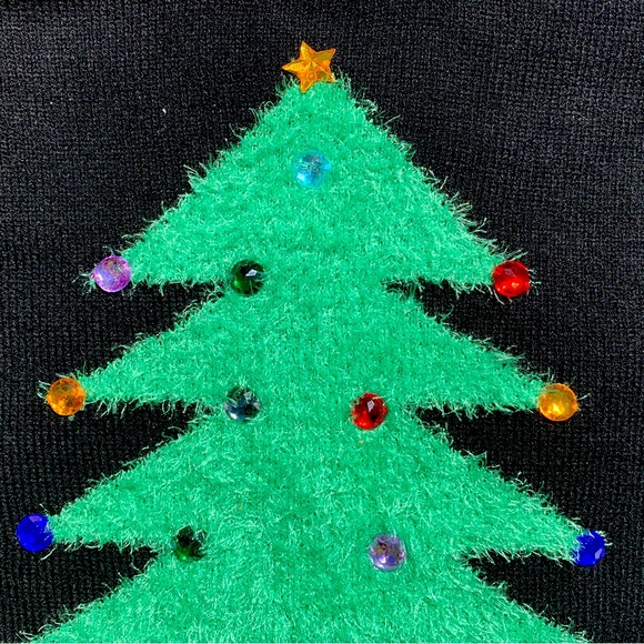 Christmas Tree Sweater L Karen Scott Petite Black Green Rhinestone Top Pullover - Picture 14 of 14